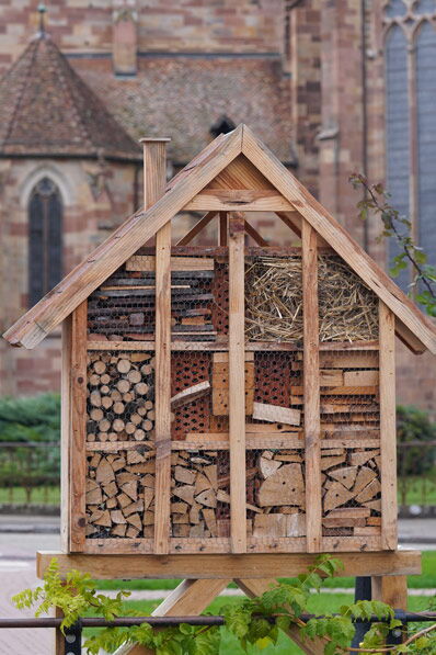 Insektenhotel, im Hintergrund eine Kirche