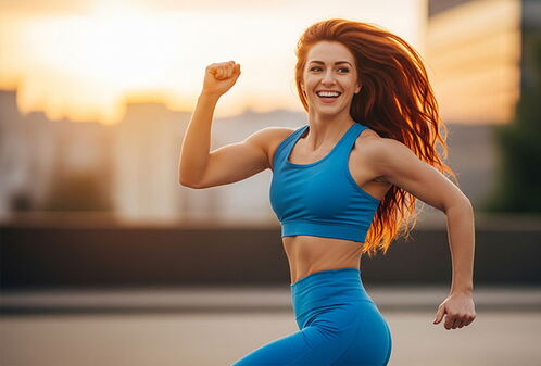Sportliche Frau mit blauer Leggins und blauem Oberteil