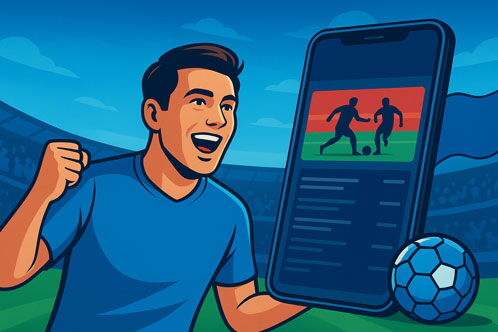 Grafik eines Mannes und eines Smartphones mit Fußball-App