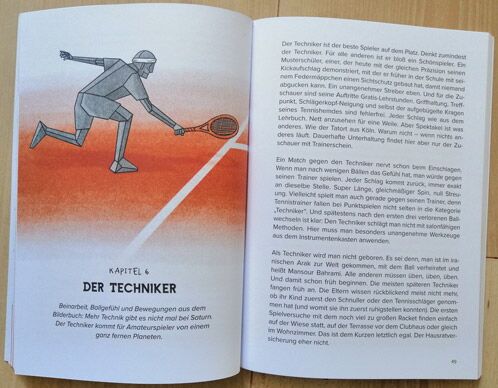 Innenseiten des Buches Tennishölle mit Zeichnung eines Tennisspielers