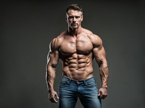 Muskulöser Mann mit freiem Oberkörper in Jeans