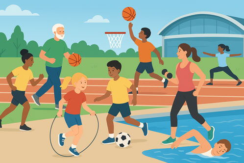 Comicartige Grafik von verschiedenen Menschen, die Sport treiben