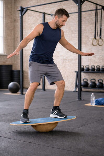 Mann balanciert im Fitnessstudio auf einem Balance Board