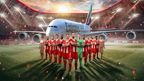 Mannschaft des FC Bayern München, im Hintergrund ein großes Flugzeug