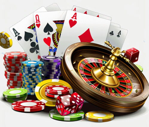 Stapel mit Poker Chips, im Hintergrund Spielkarten