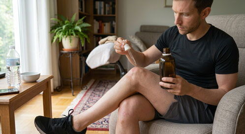 Mann träufelt DMSO mit einer Pipette auf sein Knie