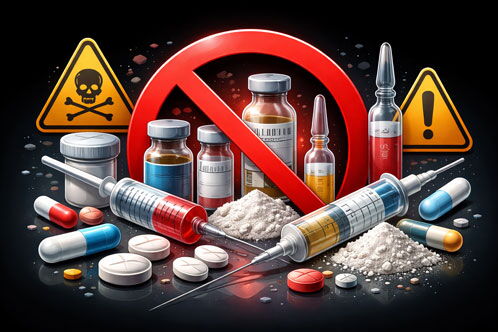 Grafik mit verbotenene Subtanzen und einem Verbotsschild