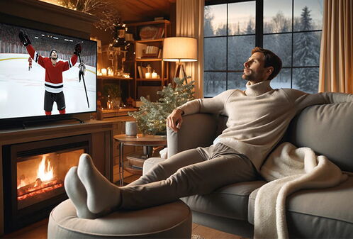 Mann im Rollkragenpullover sitzt auf dem Sofa und sieht Fernsehen