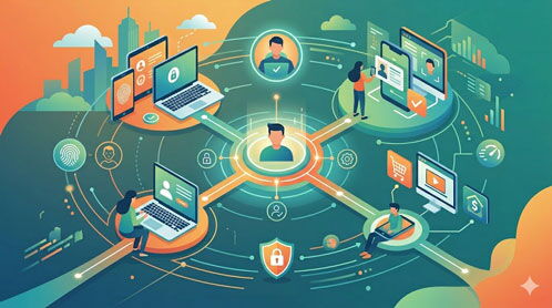 Grafik mit Icons über die digitale Welt