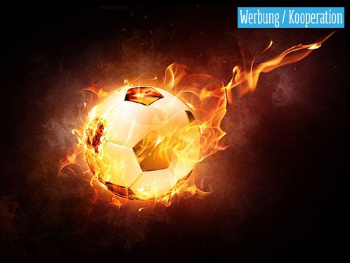 Werbung: brennender Fußball auf schwarzem Hintergrund