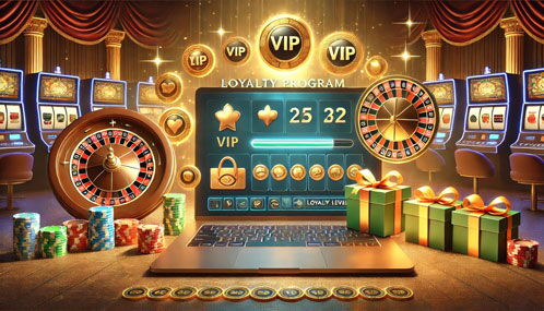 Illustration eines virtuellen Online-Casinos mit Laptop-Bildschirm, goldenen Münzen, Geschenkboxen, VIP-Abzeichen und einem Fortschrittsbalken für ein Treueprogramm, umgeben von einer Roulette und Spielautomaten im Hintergrund.