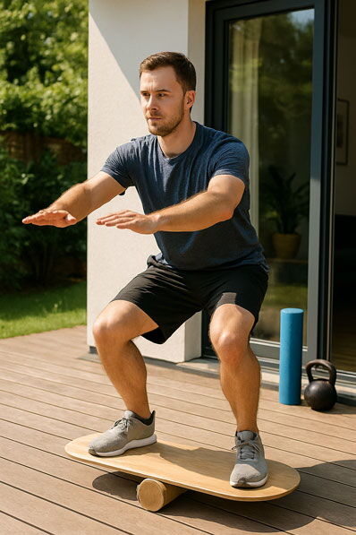 Mann, der Kniebeugen auf dem Balance Board macht