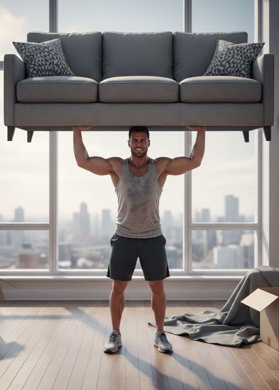 Mann, der ein Sofa in die Höhe stemmt