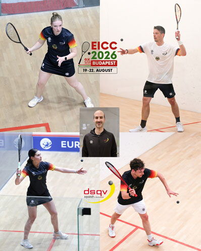 Vier Squashspieler im Court