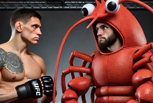 MMA-Kämpfer steht Mann im Hummer-Kostüm gegenüber