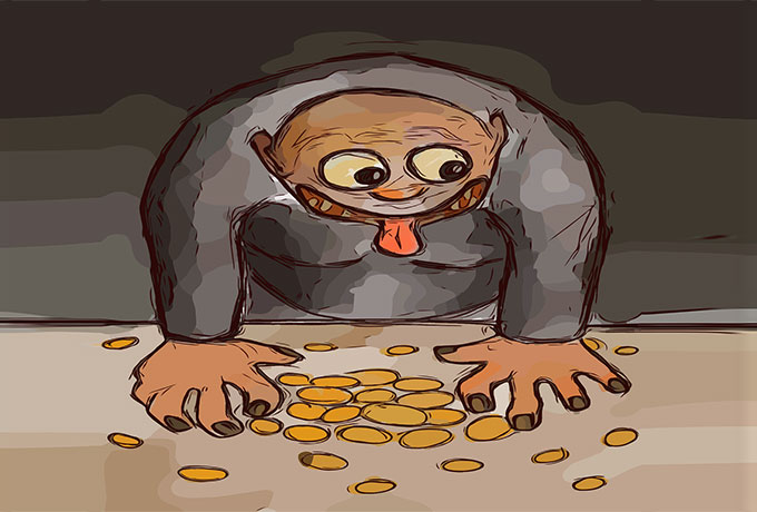 Illustration eines dicken Mannes, der gierig Geldmünzen zählt
